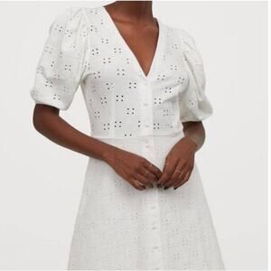 H&M Puff Sleeve Eyelet cotton vneck button knit stretch Dress White XS